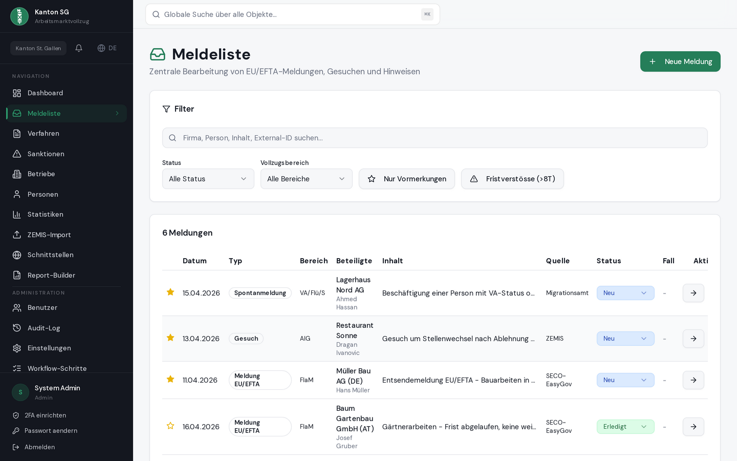 Meldungen-Pipeline — Eingangsliste mit Status-Chips, Vormerkung und „Nur überfällig“-Filter.