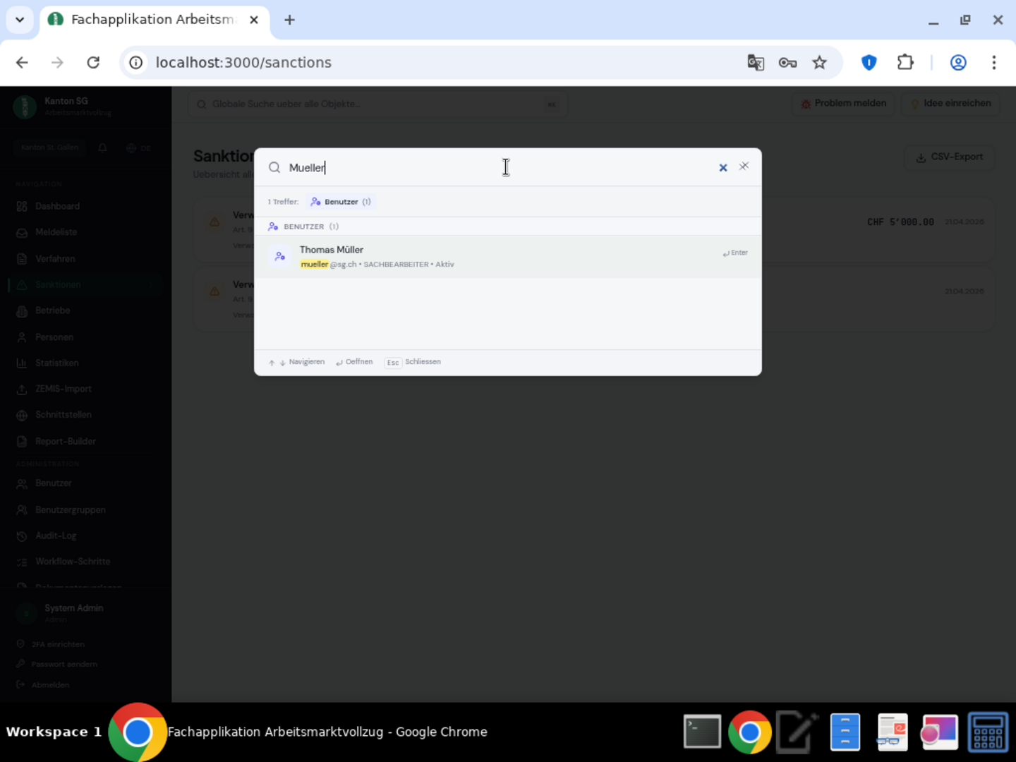 Globale Suche (Cmd/Ctrl + K) — Spotlight-artige Suche über Verfahren, Betriebe, Personen, Sanktionen, Meldungen und Benutzer mit Treffer-Highlighting und Tastatur-Navigation.