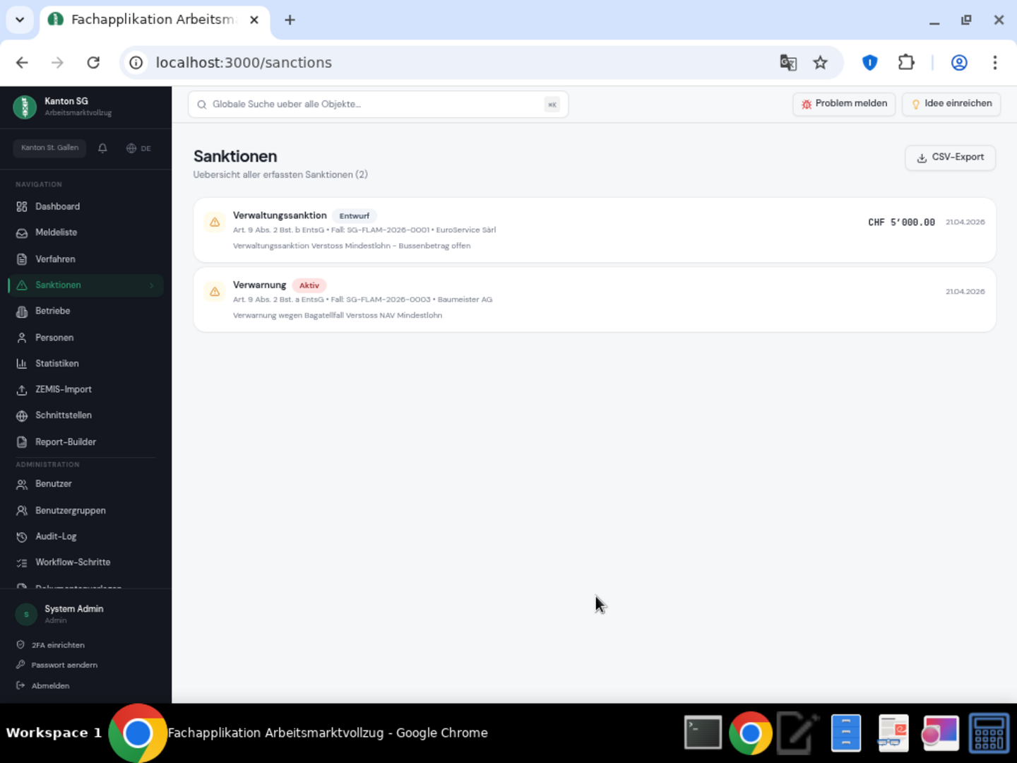 CSV-Export — Sanktionen als CSV-Download mit UTF-8 BOM (Excel-kompatibel) und Datum im Dateinamen — nutzbar für interne Reportings.