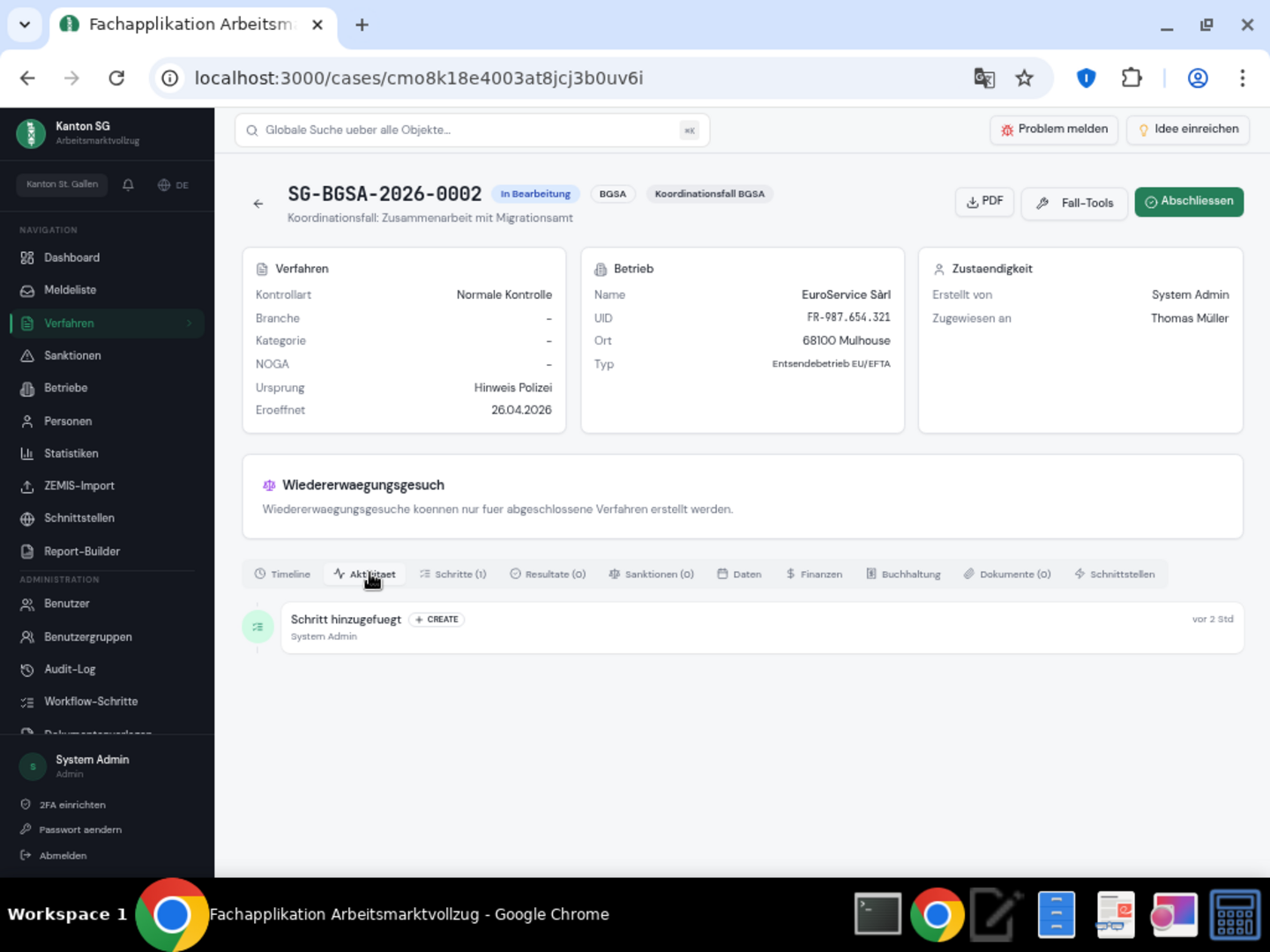 Aktivitätsstrom — Tab im Fall-Detail mit chronologischer Audit-Historie aller Änderungen — direkt im Verfahrenskontext.