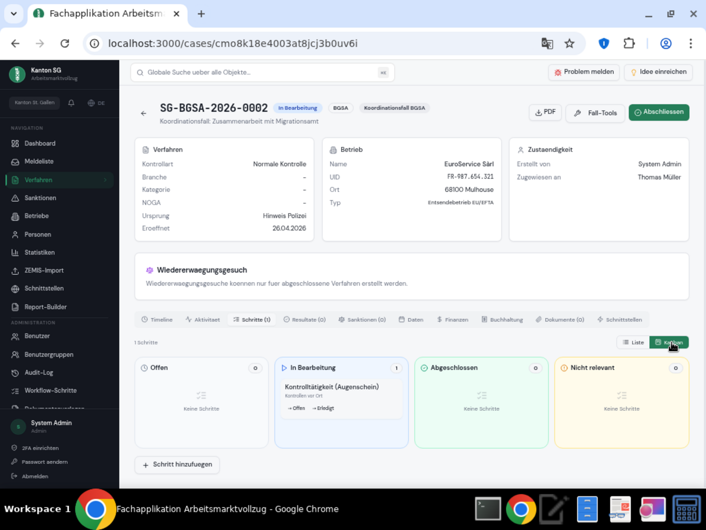 Kanban-Schritte — List/Kanban-Toggle: Workflow-Schritte als Board mit vier Spalten (Offen, In Bearbeitung, Abgeschlossen, Nicht relevant).